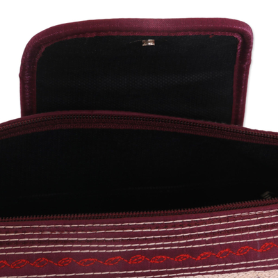 Bolso con asa de algodón, 'Banda Aceh' - Bolso de algodón bordado tejido a mano en rojo y blanco