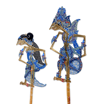 Schattenpuppen aus Leder, (Paar) - 2 handbemalte javanische Rama- und Sita-Schattenpuppen aus Leder