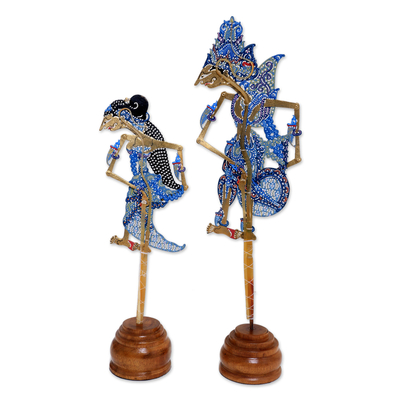 Leather shadow puppets, 'Triumphant Rama and Sita' (pair) - 2 Hand-Painted Leather Rama and Sita Javanese Shadow Puppets