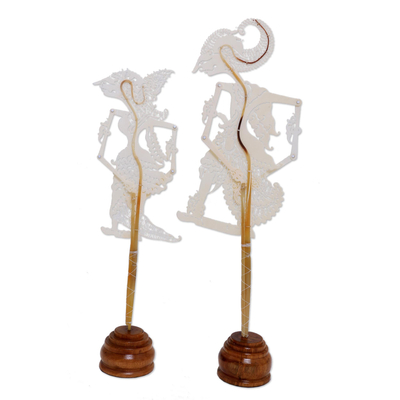 Leather shadow puppets, 'Kamajaya in Buff' (pair) - Kamajaya and Kamaratih Buff Parchment Shadow Puppets (Pair)