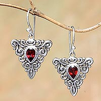 Garnet dangle earrings, 'Triangle Tendrils' - Triangular Garnet Dangle Earrings from Bali