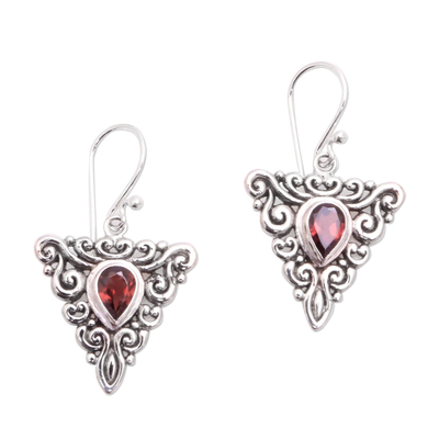Garnet dangle earrings, 'Triangle Tendrils' - Triangular Garnet Dangle Earrings from Bali