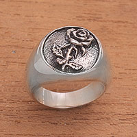 Sterling silver signet ring, 'Single Rose' - Handcrafted Single Blooming Rose Sterling Silver Signet Ring