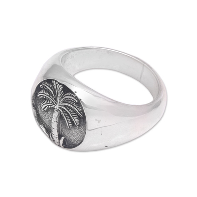 Sterling silver signet ring, 'Stately Palm' - Handcrafted Palm Tree Sterling Silver Signet Ring from Bali