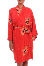 Rayon robe, 'Crimson Floral' - Crimson Rayon Robe with Black Floral Motifs from Bali