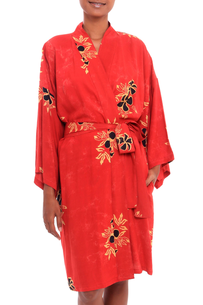 Crimson Rayon Robe with Black Floral Motifs from Bali