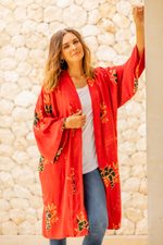 Rayon robe, 'Crimson Floral' - Crimson Rayon Robe with Black Floral Motifs from Bali