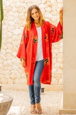 Rayon robe, 'Crimson Floral' - Crimson Rayon Robe with Black Floral Motifs from Bali