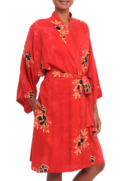 Rayon robe, 'Crimson Floral' - Crimson Rayon Robe with Black Floral Motifs from Bali