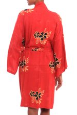 Rayon robe, 'Crimson Floral' - Crimson Rayon Robe with Black Floral Motifs from Bali
