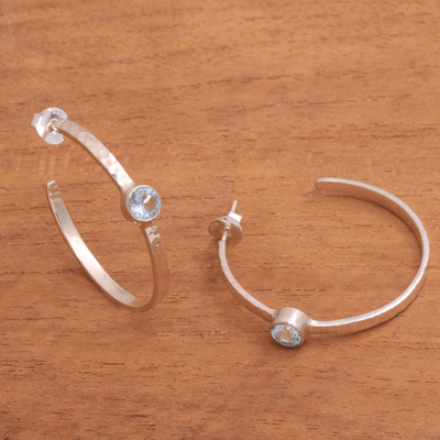 Blue topaz half-hoop earrings, 'Pretty Paradox' - Sterling Silver Hammered Blue Topaz Half-Hoop Earrings