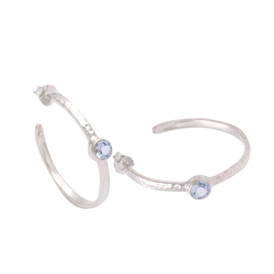 Blue topaz half-hoop earrings, 'Pretty Paradox' - Sterling Silver Hammered Blue Topaz Half-Hoop Earrings
