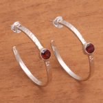 Garnet half-hoop earrings, 'Pretty Paradox' - Sterling Silver Hammered Garnet Half-Hoop Earrings