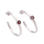 Garnet half-hoop earrings, 'Pretty Paradox' - Sterling Silver Hammered Garnet Half-Hoop Earrings