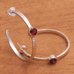 Garnet half-hoop earrings, 'Pretty Paradox' - Sterling Silver Hammered Garnet Half-Hoop Earrings