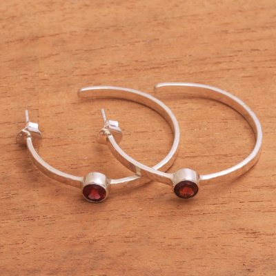 Garnet half-hoop earrings, 'Pretty Paradox' - Sterling Silver Hammered Garnet Half-Hoop Earrings