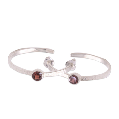 Garnet half-hoop earrings, 'Pretty Paradox' - Sterling Silver Hammered Garnet Half-Hoop Earrings