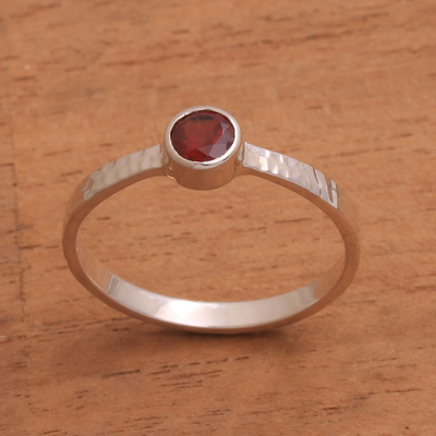Garnet solitaire ring, 'Pretty Paradox' - Garnet and Sterling Silver Hammered Solitaire Ring
