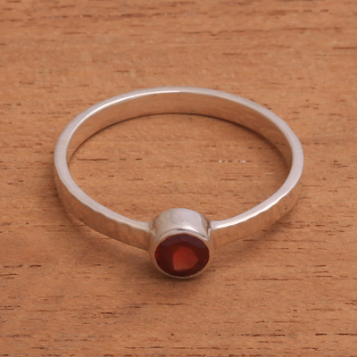 Garnet solitaire ring, 'Pretty Paradox' - Garnet and Sterling Silver Hammered Solitaire Ring