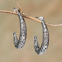 Sterling silver half-hoop earrings, 'Twilight Vines' - Vine Motif Sterling Silver Half-Hoop Earrings from Bali