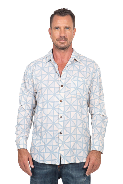 Herrenhemd mit Knöpfen - Geometrisches Herrenhemd mit Knöpfen aus Bali