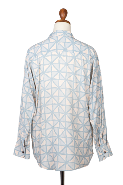 Men's button-up shirt, 'Pastel Blue Geometry' - Men's Geometric Button-Up Shirt from Bali