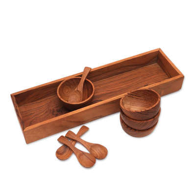 Wood condiment set, 'Date Night' (9 piece) - Hand-Carved Wood Condiment Set from Bali (9 Piece)