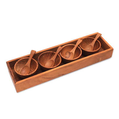Wood condiment set, 'Date Night' (9 piece) - Hand-Carved Wood Condiment Set from Bali (9 Piece)