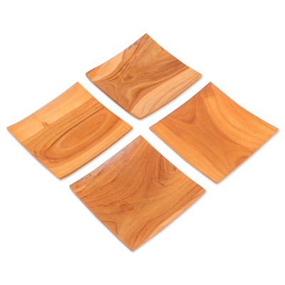 Teak wood plates, 'Fine Meal' (set of 4) - Handmade Square Teak Wood Plates from Bali (Set of 4)