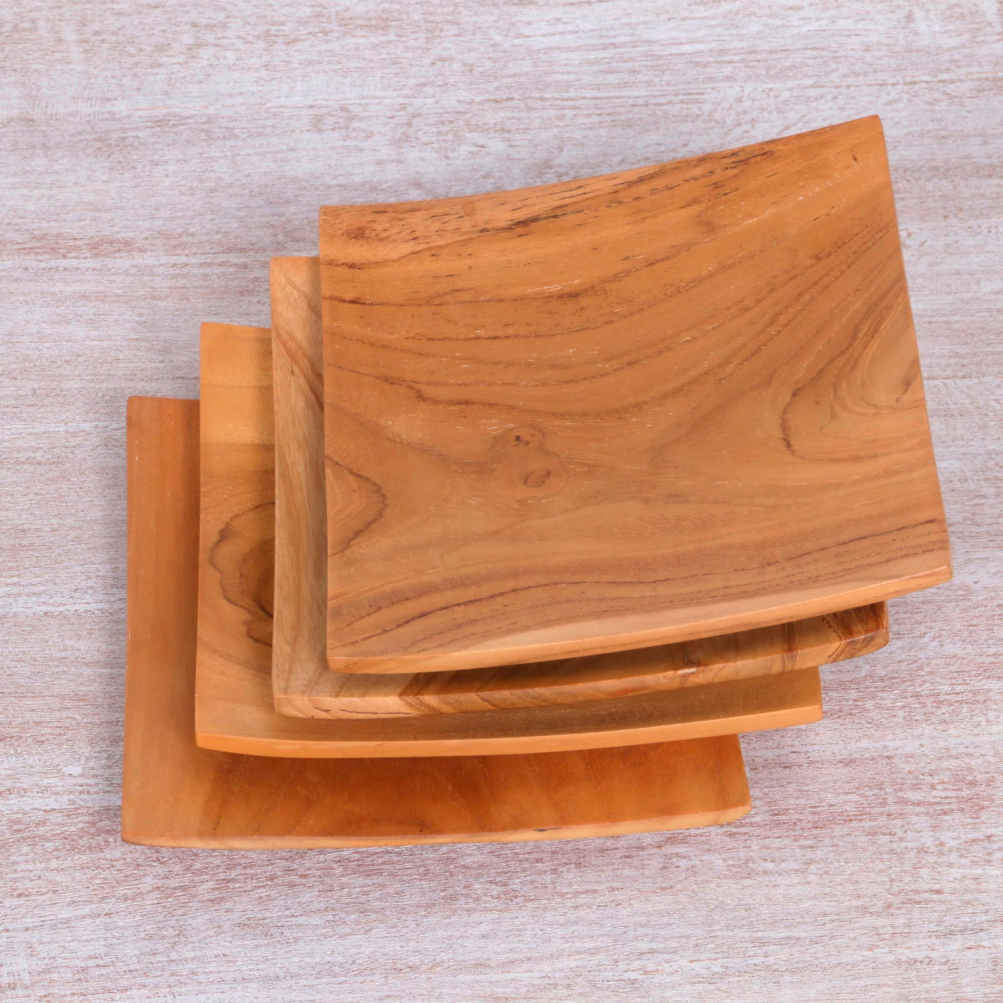 Handmade Square Teak Wood Plates from Bali (Set of 4) - Fine Meal | NOVICA