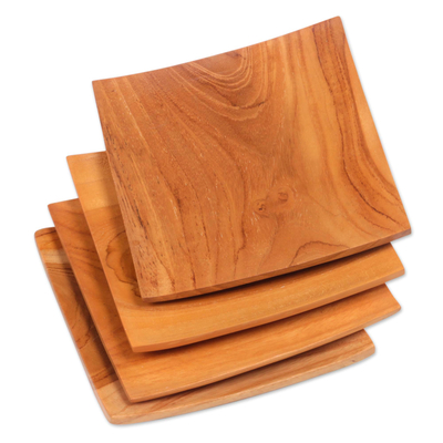 Teak wood plates, 'Fine Meal' (set of 4) - Handmade Square Teak Wood Plates from Bali (Set of 4)