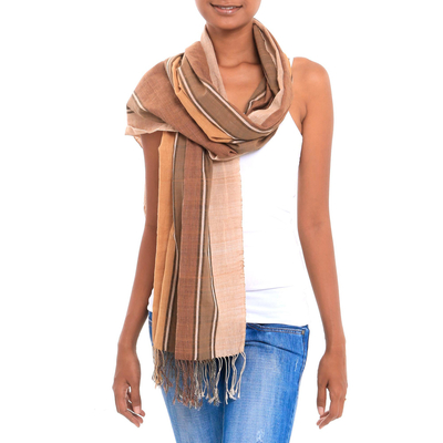 Cotton shawl, 'Chestnut and Vanilla' - Shades of Brown Striped 100% Cotton Lightweight Shawl