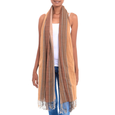 Cotton shawl, 'Chestnut and Vanilla' - Shades of Brown Striped 100% Cotton Lightweight Shawl