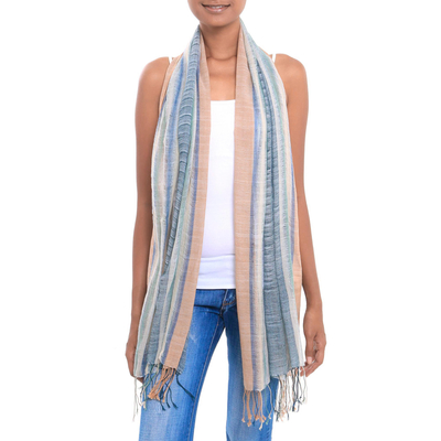 Cotton shawl, 'Cloud Stream' - Blue Green Light Brown Striped 100% Cotton Lightweight Shawl