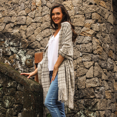 Cotton shawl, 'Sand Plaid' - Ivory and Grey Plaid 100% Cotton Lightweight Textured Shawl