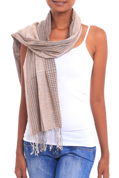 Cotton shawl, 'Masceti Plaid' - Handwoven Cotton Shawl in Beige and Brown from Bali