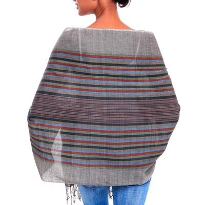 Cotton shawl, 'Gentle Currents' - Grey Crimson Green Striped 100% Cotton Lightweight Shawl