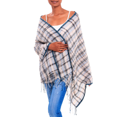 Cotton shawl, 'Sky Plaid' - Grey Blue Plaid Handwoven Lightweight Cotton Boucle Shawl