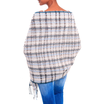 Cotton shawl, 'Sky Plaid' - Grey Blue Plaid Handwoven Lightweight Cotton Boucle Shawl