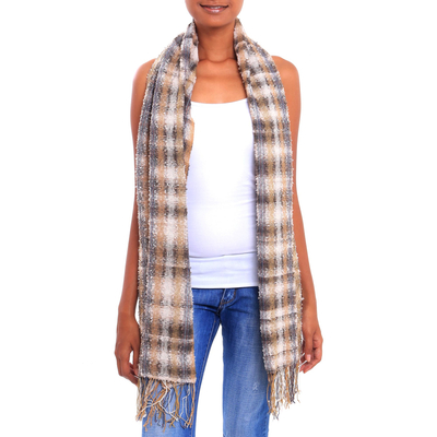 Cotton shawl, 'Mountain Plaid' - Grey Ochre Plaid Handwoven Lightweight Cotton Fringed Shawl