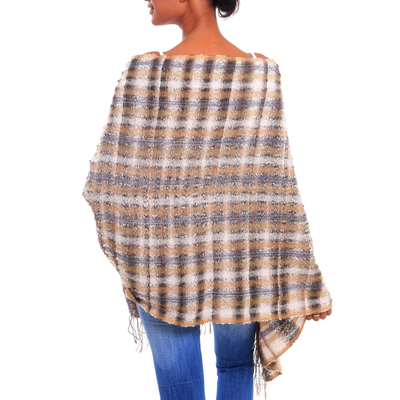 Cotton shawl, 'Mountain Plaid' - Grey Ochre Plaid Handwoven Lightweight Cotton Fringed Shawl