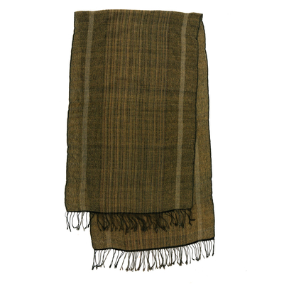 Men's cotton shawl, 'River's Edge' - Men's Olive Green and Ochre Handwoven Cotton Fringed Shawl
