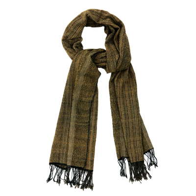 Baumwollschal für Herren - Herren-Schal aus handgewebter Baumwolle in Olivgrün und Ocker mit Fransen