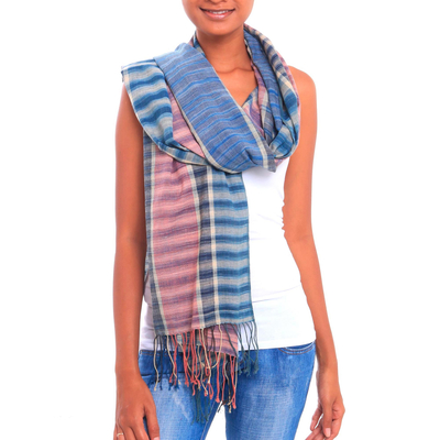 Mauve and Blue Handwoven Lightweight Cotton Plaid Shawl - Surf at