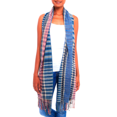 Mauve and Blue Handwoven Lightweight Cotton Plaid Shawl - Surf at