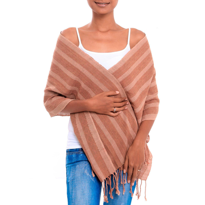 Cotton scarf, 'High Sierra' - Shades of Brown Striped Handwoven Cotton Fringed Scarf