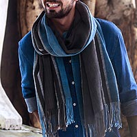 Men's cotton shawl, 'Cooling Rain' - Men's Grey and Cadet Blue Lightweight Handwoven Cotton Shawl