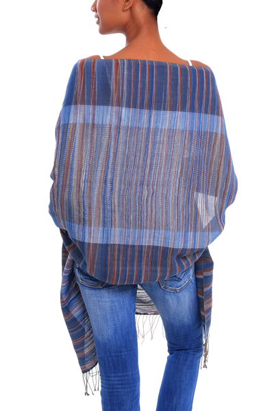Cotton shawl, 'Sun-Washed Sky' - Blue Russet Red Striped Lightweight Handwoven Cotton Shawl