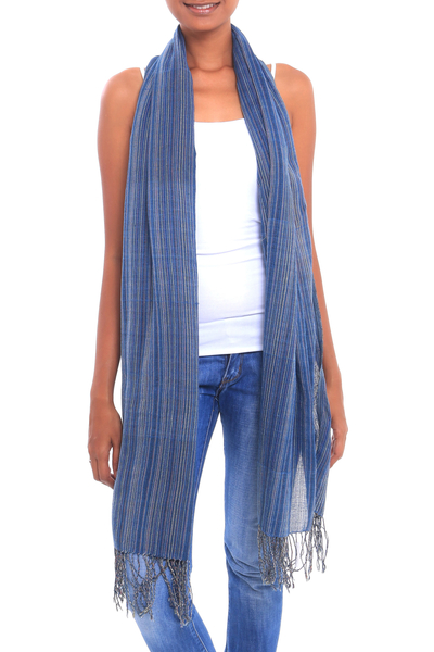 Cotton shawl, 'Settle Into Serenity' - Azure Blue with Red Narrow Stripe Handwoven Cotton Shawl