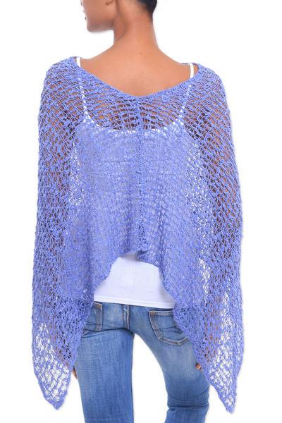 Crocheted poncho, 'Periwinkle Sanur Shade' - Lightweight Hand-Crocheted Poncho in Periwinkle from Bali